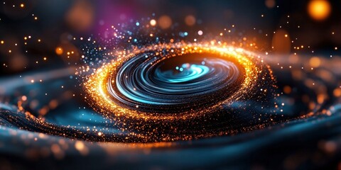 Obraz premium Dynamic cosmic energy swirl with vibrant neon particles abstract art digital space enigmatic atmosphere