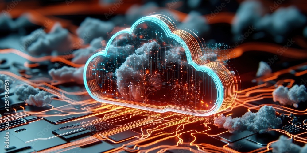 Poster digital cloud computing network data flow in neon light art futuristic environment abstract