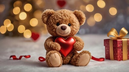 Fluffy Cute Teddy Bear Holding a Heart-Shaped Gift 