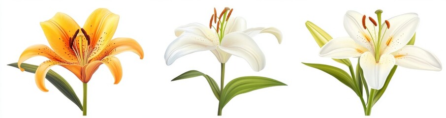 Three Lily Flowers In Different Colors