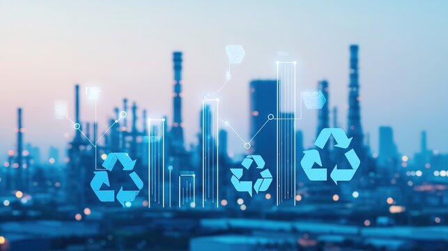 Circular economy initiatives in industrial settings urban landscape digital art evening innovative concepts