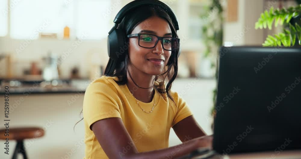 Poster Smile, coder and computer with woman at home for freelance developer, gaming programmer and research. Gameplay database, character design and remote software engineer with person and headphones