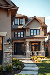 Luxury Home Exterior: Modern Architectural Design, Stone Facade, Landscaped Pathway