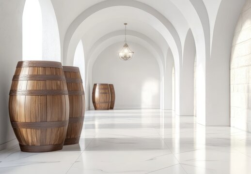 White Interior Corridor With Wooden Wine Barrels
