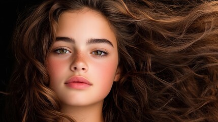 Fototapeta premium A young woman with long, flowing brown hair. Her skin has a natural beauty, enhanced by subtle makeup.