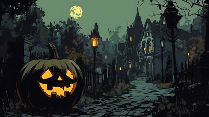 Fototapeta premium Full moon lighting up Halloween decorations pictures