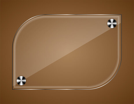  Glass sign with rounded edges and metal screws on a brown background. Suitable for signage, branding, labels, presentations or decorative projects.