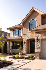 Luxury Home Exterior: Modern Stone and Brick Architecture with Landscaped Garden