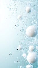 Obraz premium A serene composition of translucent bubbles and smooth white spheres floating in a soft blue background, evoking purity, freshness, and lightness.