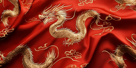 Obraz premium Luxurious Red Silk with Golden Dragon Embroidery and Royal Elegance