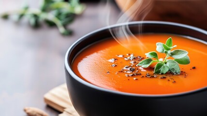 Steaming bowl of tomato soup garnished with herbs