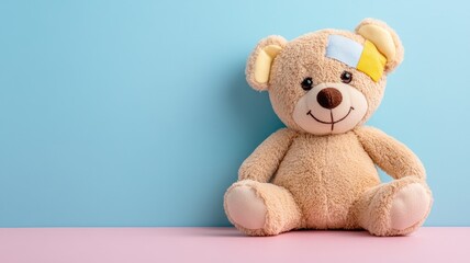 Fototapeta premium Plush bear with bandages on head against blue background