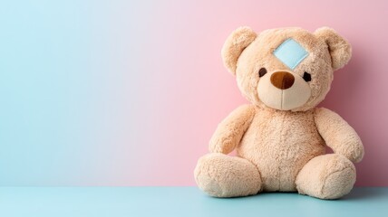 Obraz premium Cute bear with patched eye on pastel background