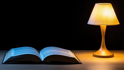Open book under yellow lamp on wooden table
