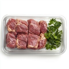 Fototapeta premium Fresh meat in a clear container. Fresh cuts of meat packaged with parsley, showcasing vibrant colors and textures, ideal for grilling or slow cooking.