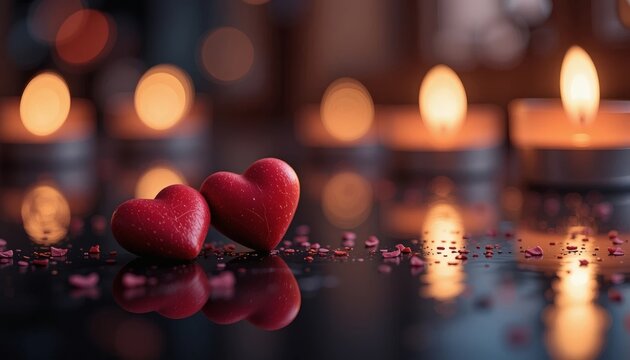 Warm Candlelit Scene with Red Hearts for Valentine’s Day