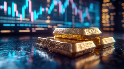 Gold bars, market trends, investment, financial, wealth, success, future,  security,  closeup, digital display