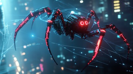 Cybernetic Spider in a Digital Cityscape