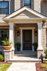 Elegant Home Entrance with Brick Facade and Classic Columns. This stunning house features a beautiful front door and well-maintained landscaping, creating a welcoming atmosphere.