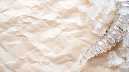 Obraz premium Crumpled paper background with scattered ice cubes and spiral glass object
