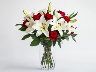 Bright red roses and white lilies create a stunning floral arrangement in a clear vase