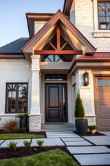 Modern Brick House Exterior: Luxurious Home Design and Landscaping.  A stunning contemporary facade with a charming entrance and walkway.
