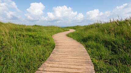 Obraz premium Coastal boardwalk path winding through grassy dunes, sunny sky