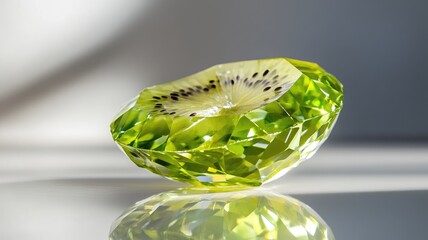 Crystal gemstone resembling sliced kiwi fruit with intricate facets, reflecting light