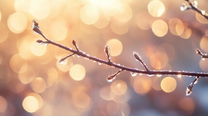 A Delicate Branch in the Golden Light of Dawn, Sparkling with Dew Drops