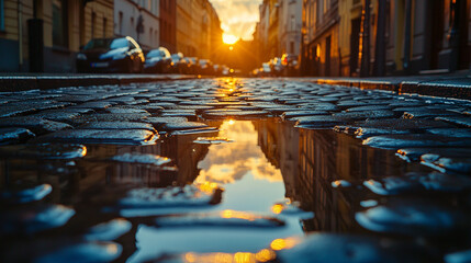 Close-up of shimmering puddles on a cobblestone street, with reflections of the surrounding buildings and a golden sunset light