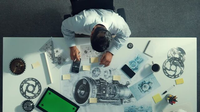 Top down view of skilled engineer writing and planning turbine engine design while sitting at meeting table with gear and electronic generator scatter around. Technician taking a note. Alimentation.