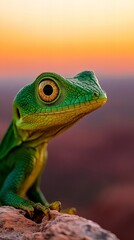 Fototapeta premium Vibrant green lizard perched on a rock, sunset backdrop. Stunning detail and colors.