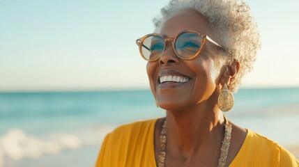 Radiant Senior Woman Smiles on a Sunny Beach Day, Capturing Joy and Happiness