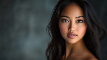 Obraz premium Close-up Portrait of a Beautiful Woman, Stunning Facial Features and Elegant Makeup, A Captivating Image of a Model