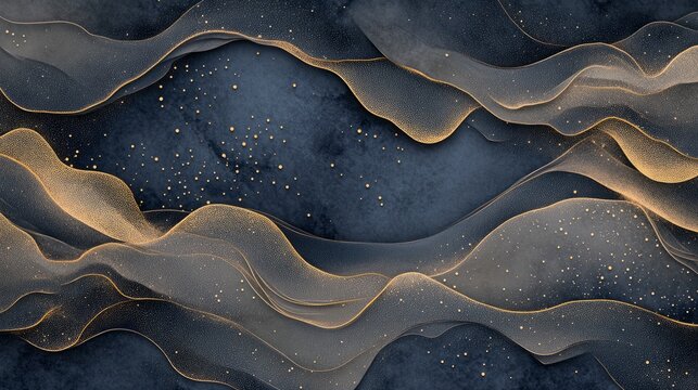Dark blue background with golden wave lines and glittering dots, an elegant design for wall art or interior decoration.
