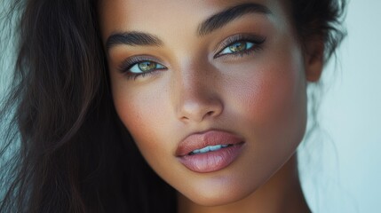 Fototapeta premium Close-up Portrait of a Stunning Woman with Exquisite Makeup and Natural Beauty