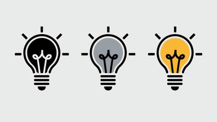 A creative illustration featuring three light bulbs in black, gray, and yellow, representing ideas, innovation, and creativity.