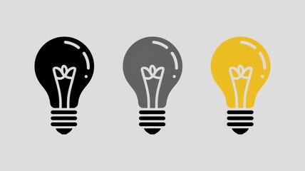Three stylized lightbulbs in black, gray, and yellow, symbolizing innovation and creativity. Ideal for modern design themes.