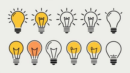 Fototapeta premium A series of light bulb illustrations, showcasing bright yellow and orange designs, symbolizing creativity and innovation.