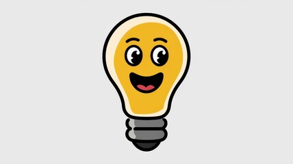 A cheerful, cartoon-style light bulb with a friendly face and bright yellow glow, set against a neutral gray background.