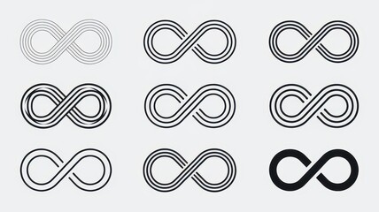 A collection of eight infinity symbol designs in various styles and thicknesses, showcasing creativity and versatility in black and white.