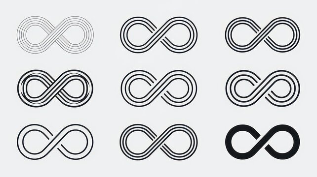 A collection of eight infinity symbol designs in various styles and thicknesses, showcasing creativity and versatility in black and white.