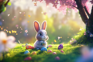 Easter toy bunny, bunny rabbit, on a lawn with flying painted eggs hidden in the grass and a tree. Space for text. Easter greeting card.