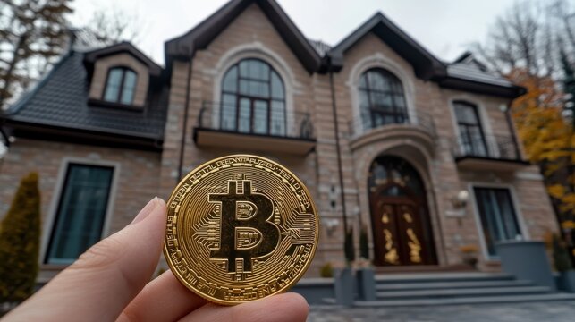 Cryptocurrency and luxury real estate: a bitcoin in front of a large house.