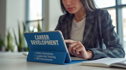 Woman Exploring Career Development Resources on Tablet