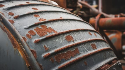 Close-up of a weathered, rusted metal surface with textured grooves, showcasing layers of peeling paint and corrosion.
