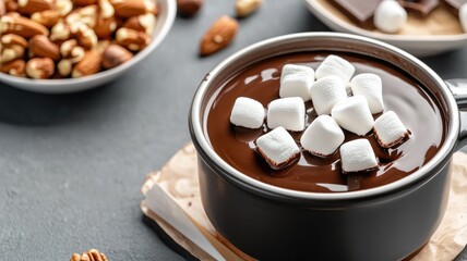 Hot chocolate with marshmallows and nuts on side
