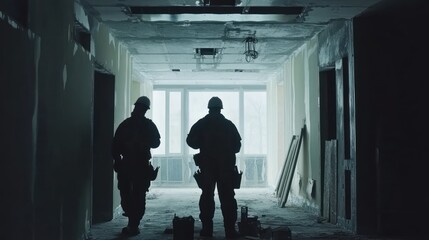 Fototapeta premium Construction Workers Silhouetted in a Dimly Lit Hallway