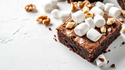 Chocolate brownies topped with marshmallows and nuts on white background