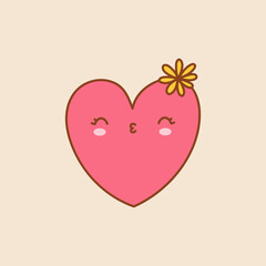 Cute Heart Doodle art. Pink heart with yellow flower. Vector illustation on a isolated background